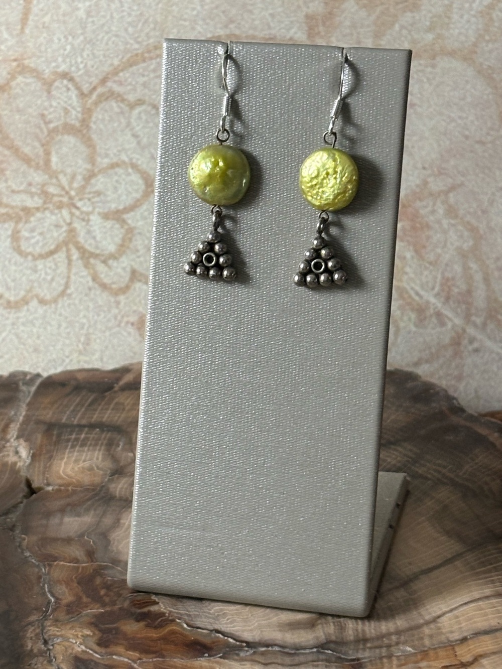 Handcrafted Green Glass Drop Earrings with Silver Accents